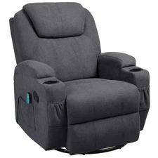 Big and Tall Smoke Gray Recliner Swivel and Rocking Chair with Power Massage Fun