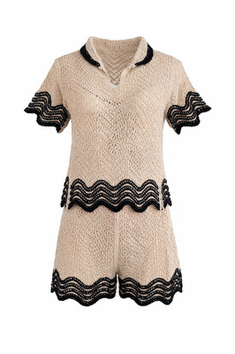 Shorts Damen Sommer Set Beige Lochoptik Stickerei Zweiteiler Top Shorts S/M