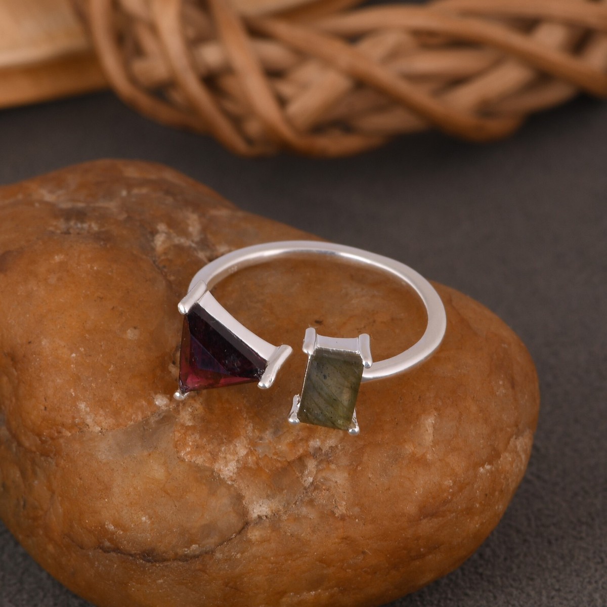 Silver 2 Different Shape Stone Ring Red Garnet & Labradorite Open