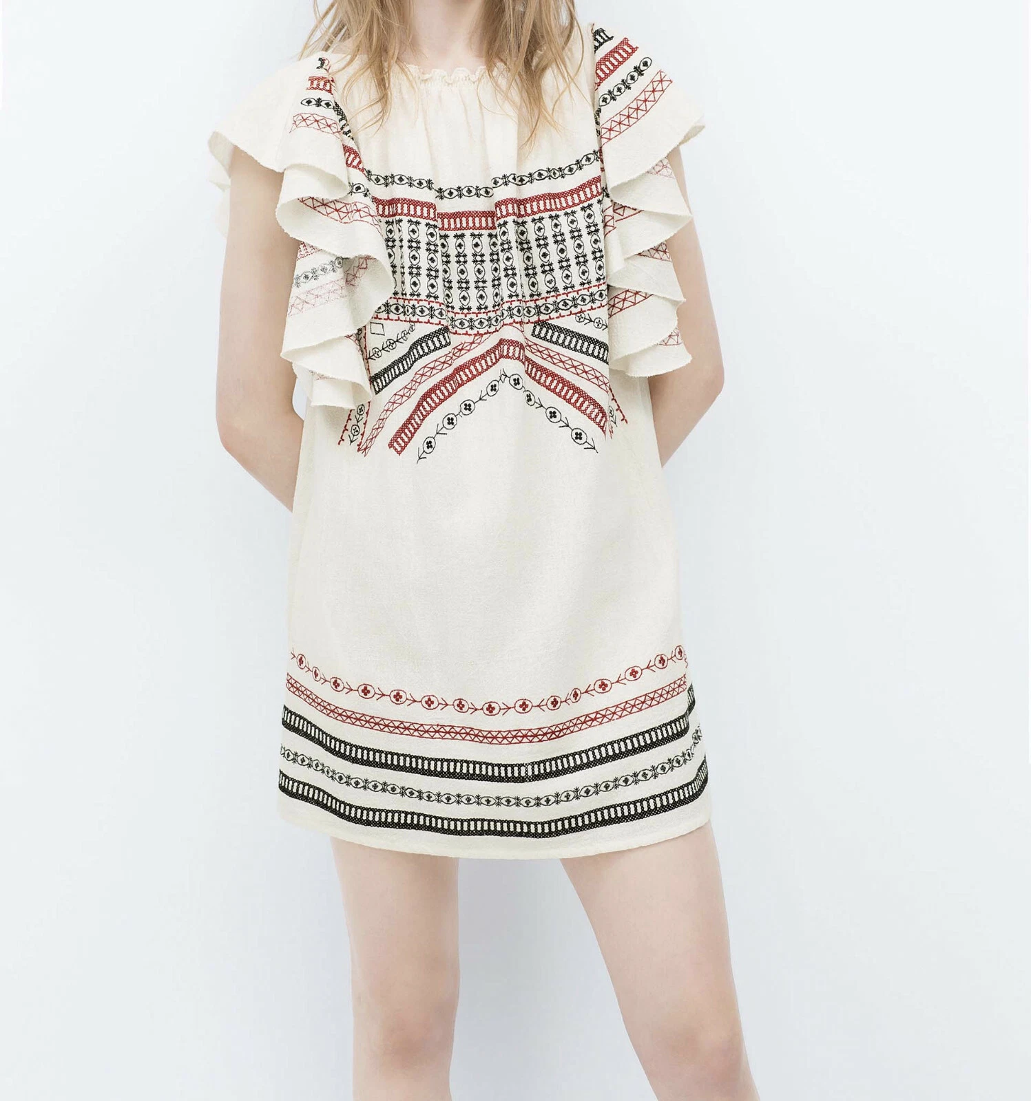 OFF WHITE ZARA NUOVO ABITO CORTO DONNA RICAMATO BIANCO SPORCO S M 5598 002