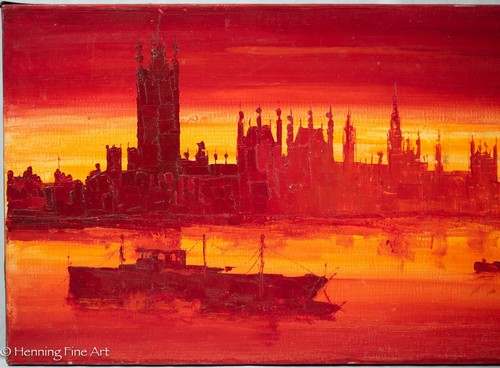 Pintura al óleo de mediados de siglo del Palacio de Westminster, puesta de sol ardiente de Londres, firmada - Imagen 2 de 7
