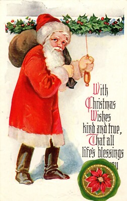 1928 Christmas Santa Claus with Bag, Christmas sticker on Front