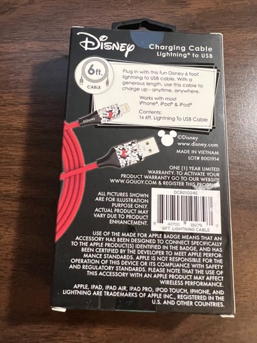 Sale Disney Mickey Mouse charging Cable Lighting To USB 6 Ft Cable New in box! - Picture 2 of 2