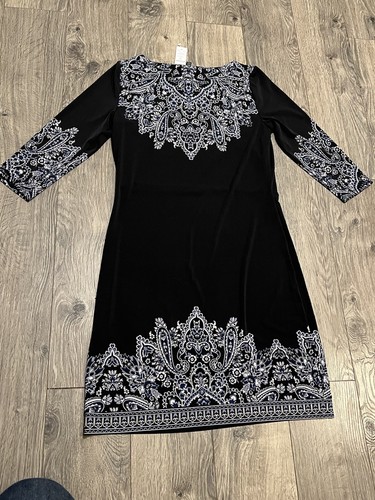WHITE HOUSE BLACK MARKET SZ XS Black/Multi Paisley 3/4 Sleeve Jersey Shift Dress - Picture 2 of 6