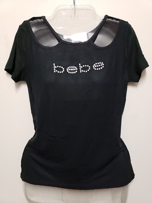 Bebe Logo Shirt Rhinestones Scoop Neck Cut Out Front Black Top S M L Xl 31 Y1 Ebay