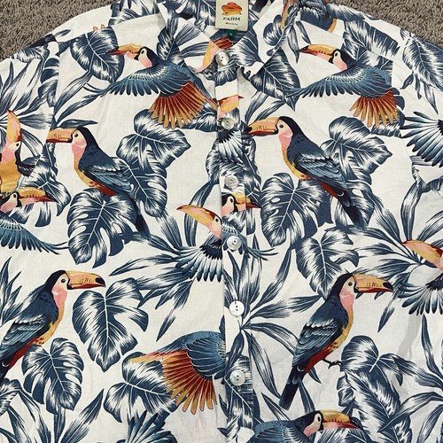 Farm Rio Hawaiian Shirt Mens XL Blue White Button Up Toucan Birds Camp READ - Picture 3 of 8