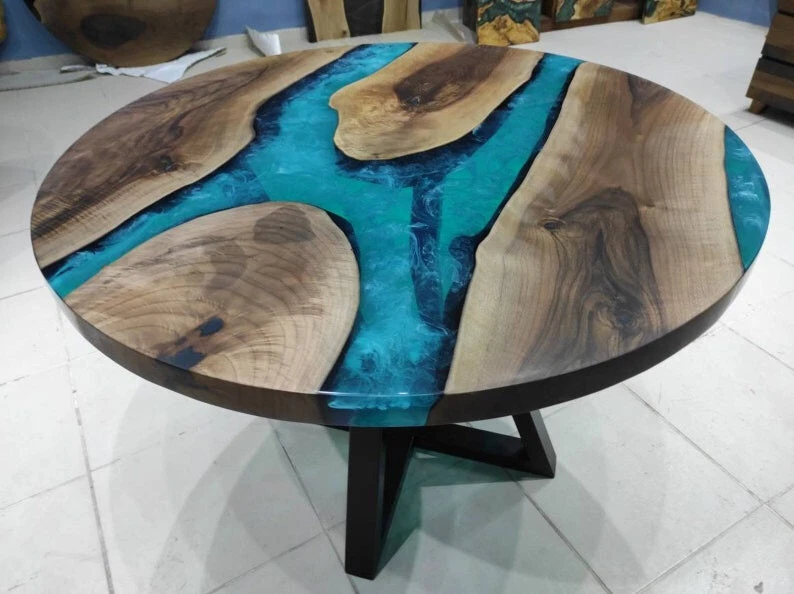 Mesa de centro de resina epoxi turquesa, mesa de río epoxi transparente aspecto antiguo Foto 4 de 4