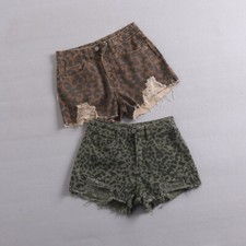 Vintage Damen Shorts Hotpants Leopardenmuster Distressed Fransen Ripped Freizeit