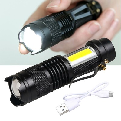 Tactical USB Rechargeable Super Bright COB XPE LED Torch Zoomable Flashlight