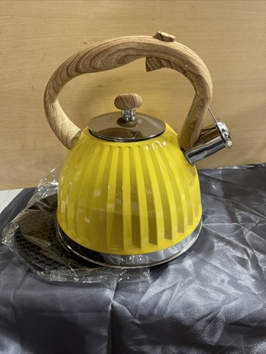Large Water Tea Coffee Whistle Kettle Yellow Pumpkin Design w/Wooden Handle &Pad - Picture 8 of 8