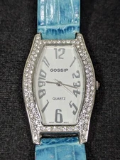 Gossip Silver Tone Crystal Accent Rectangle Case Blue Leather Band Watch 7.5 In