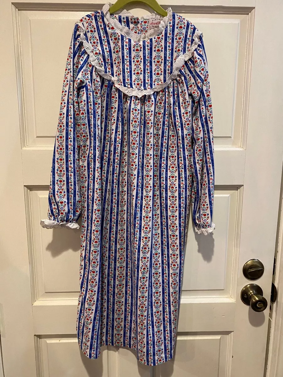 Vtg Lanz of Salzburg Long Flannel Nightgown Blue Heart Stripe
