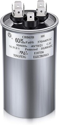 60/5 MFD uF 370/440V CBB65 Dual Run Round Capacitor, HVAC A Style: 60/5 Mfd Uf
