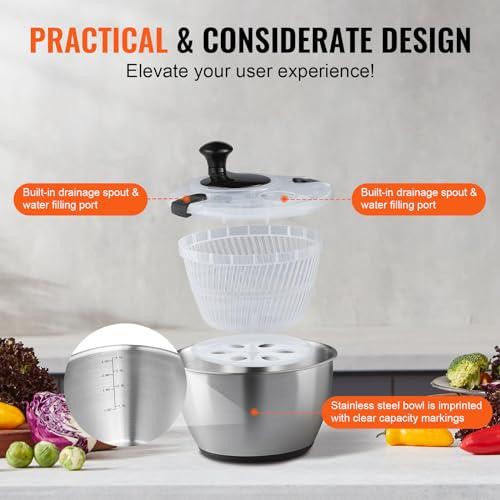 VEVOR Stainless Steel Salad Spinner, 4.75Qt, One-handed Easy Press Large Dryer - Picture 6 of 12