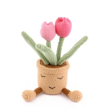 Hand Crocheted Tulip Bouquet Potted Plants Pink Knitted Artificial Flower Gift