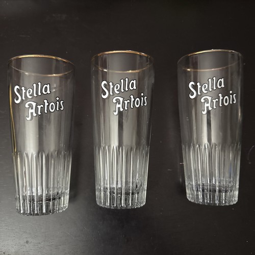 3 STELLA ARTOIS BEER Belgium 6in Ribbed Base Tavern Glasses VTG 1950s Lot - Picture 1 of 11