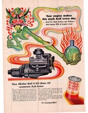 1952 Shell X-100 Motor Oil "Counters Acid Action" Single Page Print Ad
