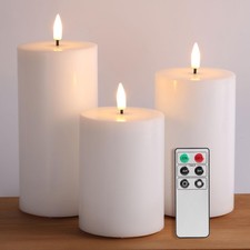 White Flameless Faux Pillar Candles with Remote Set of 3