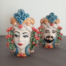 COPPIA PICCOLE TESTE DI MORO CERAMICA CALTAGIRONE FIRMATE RIPULLO