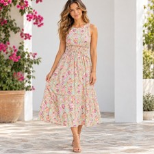 Gilli Floral Midi Dress Womens Small Sage Green Pink Sleeveless Smocked