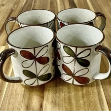 Vintage Otagiri Japan Speckled Stoneware Floral Coffee Mugs Mid Century Modern