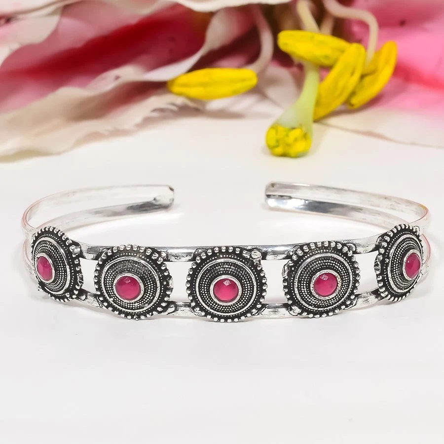 Gift For Her 925 Sterling Silver Natural Red Ruby Gemstone Cuff Adjustable - Image 2 of 4