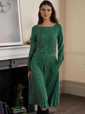Boden Evelyn Jersey Midi Dress Sapling Leafy Bud Green Navy Floral Pockets Sz 8