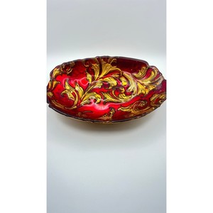 Hand Painted Ruby Red and Gold Glass Bowl Scalloped Acanthus Leaf Scrollwork