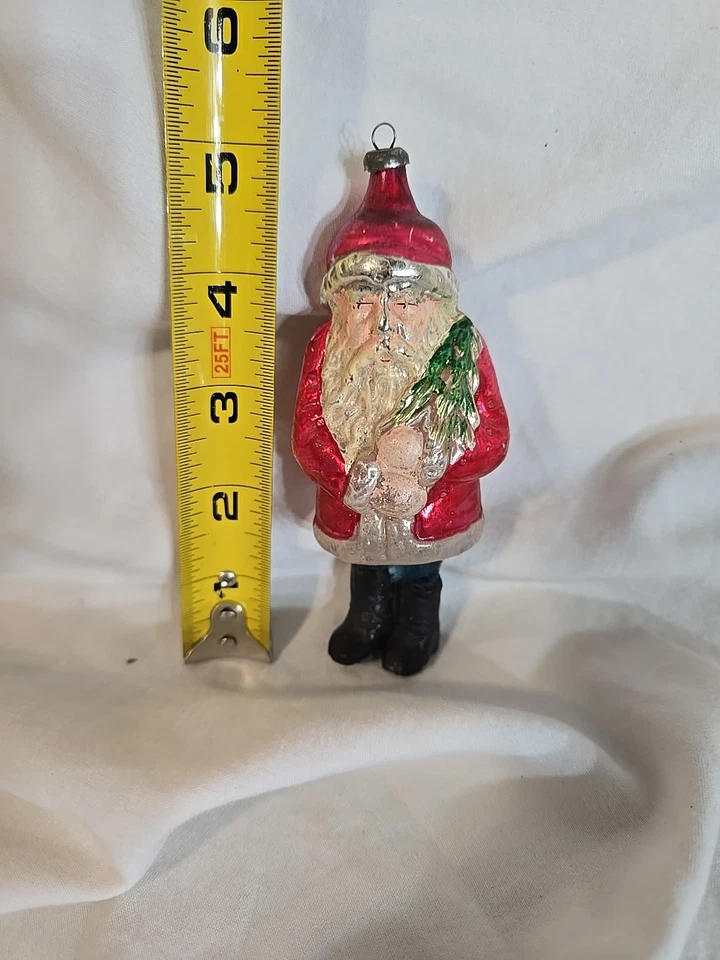 Antiker roter Glas Weihnachtsmann Chenille Beine Weihnachtsschmuck 20er Jahre Top Zustand - Bild 2 von 4