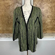 Ming Wang Cardigan Sweater Womens 2X Open Front Green Black Textured Knit Jacket