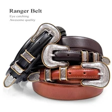 Western Ranger Belt Antique Gold Engraved Buckle Set Genuine Leather Belt