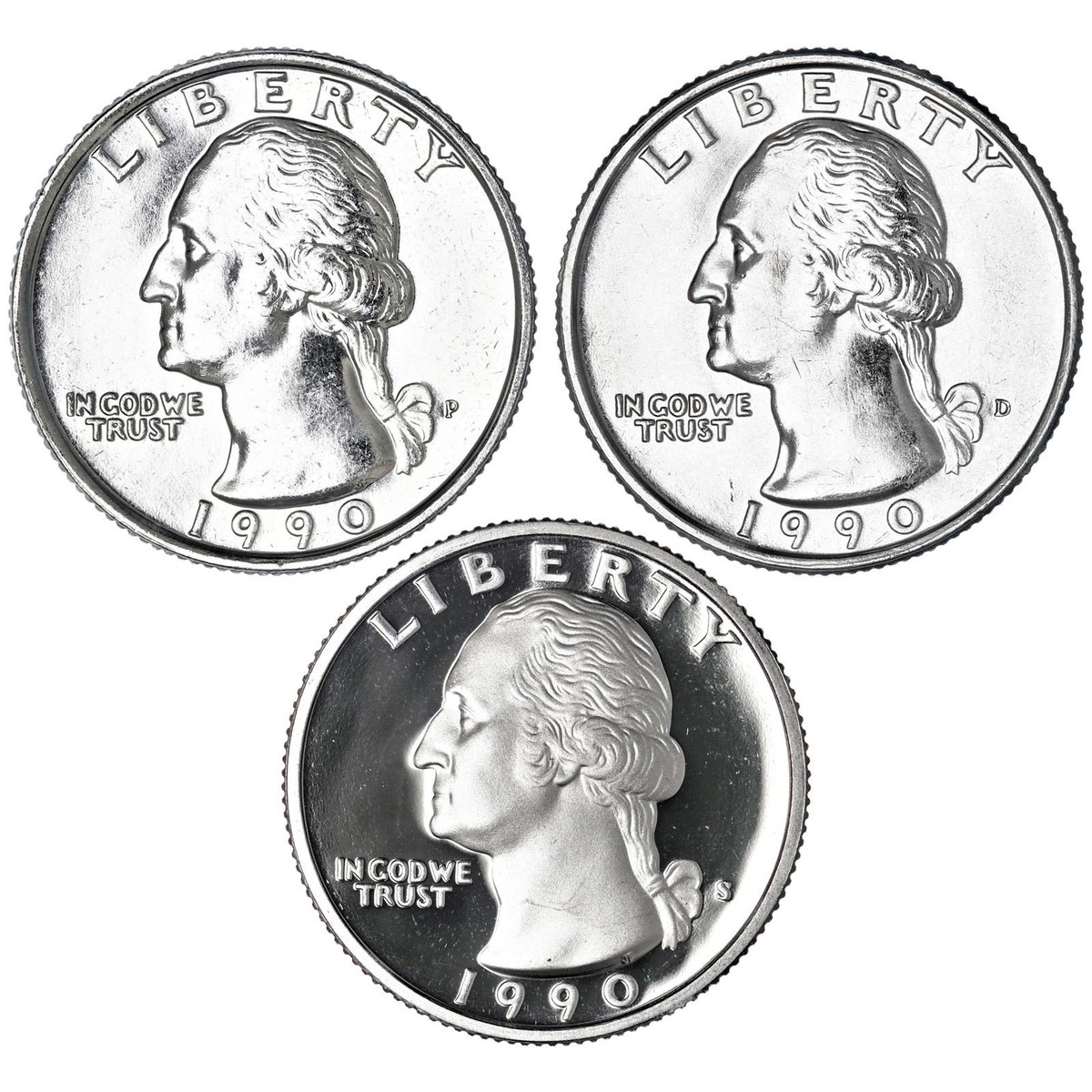 1990 P D S Washington Quarters CN-Clad BU & Gem Proof 3 Coin
