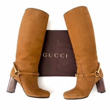 GUCCI Vintage Brown Nubuck Horsebit Knee High Heel Boots Size 37