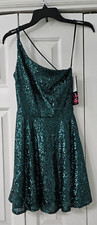 Blondie nites by Stacy Sklar One Shoulder Green Sequin Fit  Flare Dress Sz 7