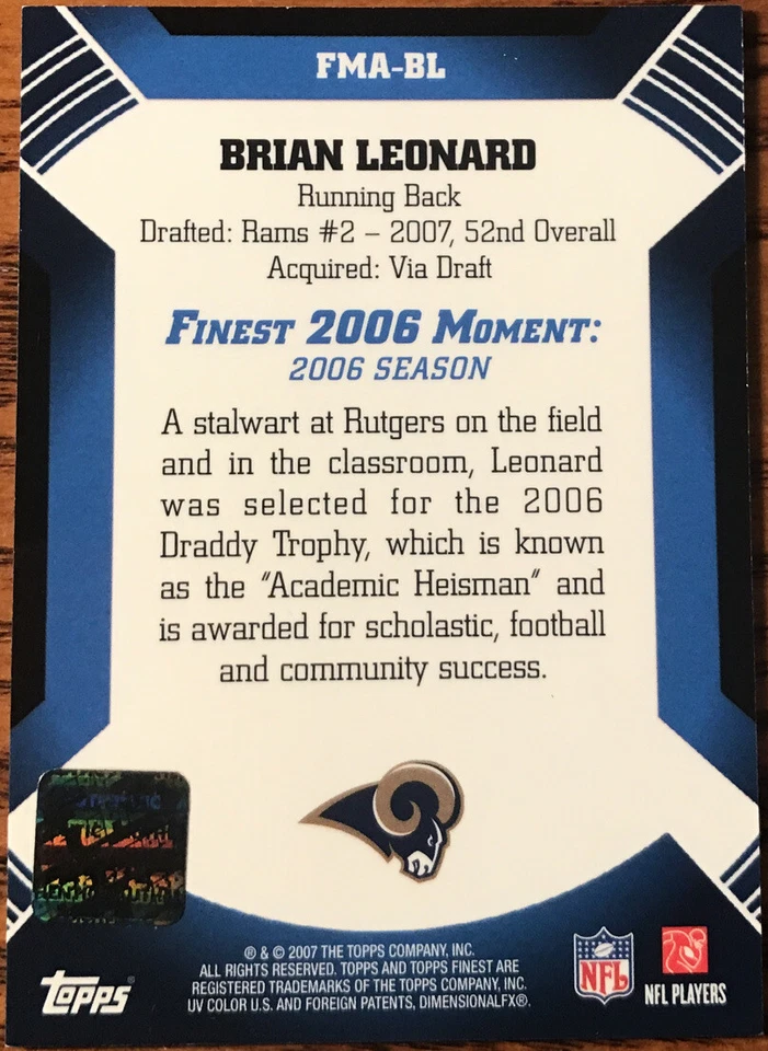 2007 Topps Finest Moments Autographs Brian Leonard FMA-BL St.Louis Rams - Image 2 of 2