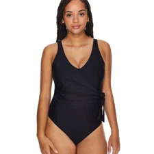 Birdsong Bondi Wrap Underwire One Piece Black Swimsuit V Neck Womens 14 D/DD