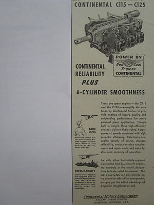 3/1947 PUB CONTINENTAL MOTORS RED SEAL FLUGZEUG ENGINE C115 C125 ORIGINAL ANZEIGE