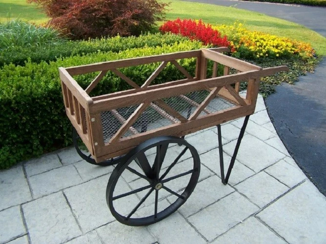 Flor Jardín Carro Maceta Madera Metal Rústico Casa de Campo Expositor Rodante Foto 3 de 4