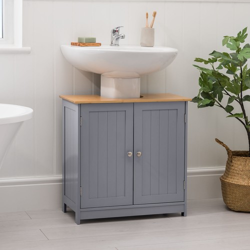 Bathroom Under Sink Grey Bamboo Wooden Storage Cupboard Unit
