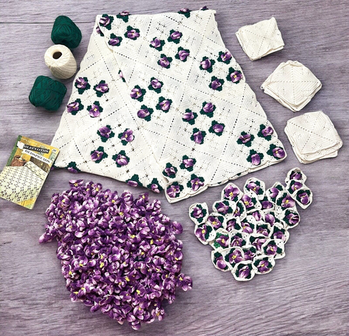 Crocheted Pansy Patch Bedspread Unfinished Project 1950s Coats & Clark Granny