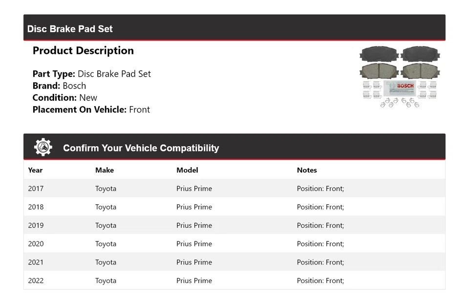 Керамические передние тормозные колодки повышенной прочности для Toyota Prius Prime Bosch 2017-2022 годов выпуска 2018 - Изображение 2 из 3