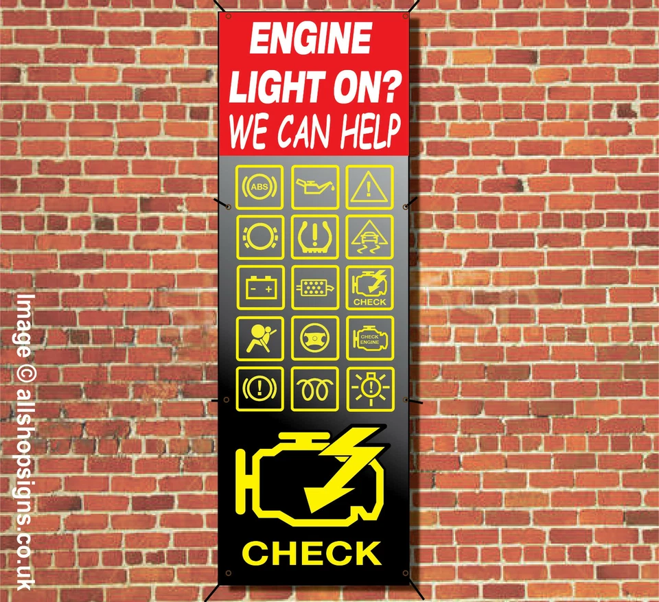 THESIGNSTORE CAR ENGINE LIGHT ON REPAIRS HERE BANNER GARAGE SIGN waterproof VERTICAL SIGN