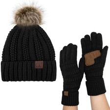 Pom Cable Knit Beanie and Glove Set YJ820G20 Black