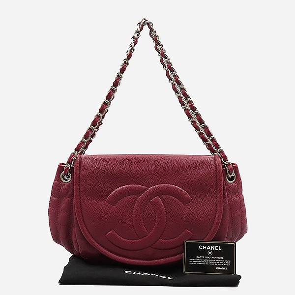 Chanel A50987 Burgundy Caviar Half Moon Shoulder Bag with Silver Chain
