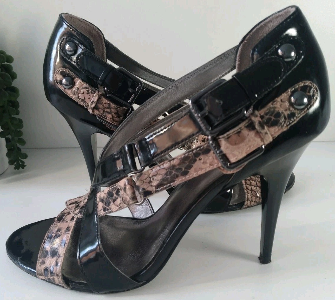 Guess Women's Black Snake Print Size 6  Strappy Stiletto Heels Peep Toe Party