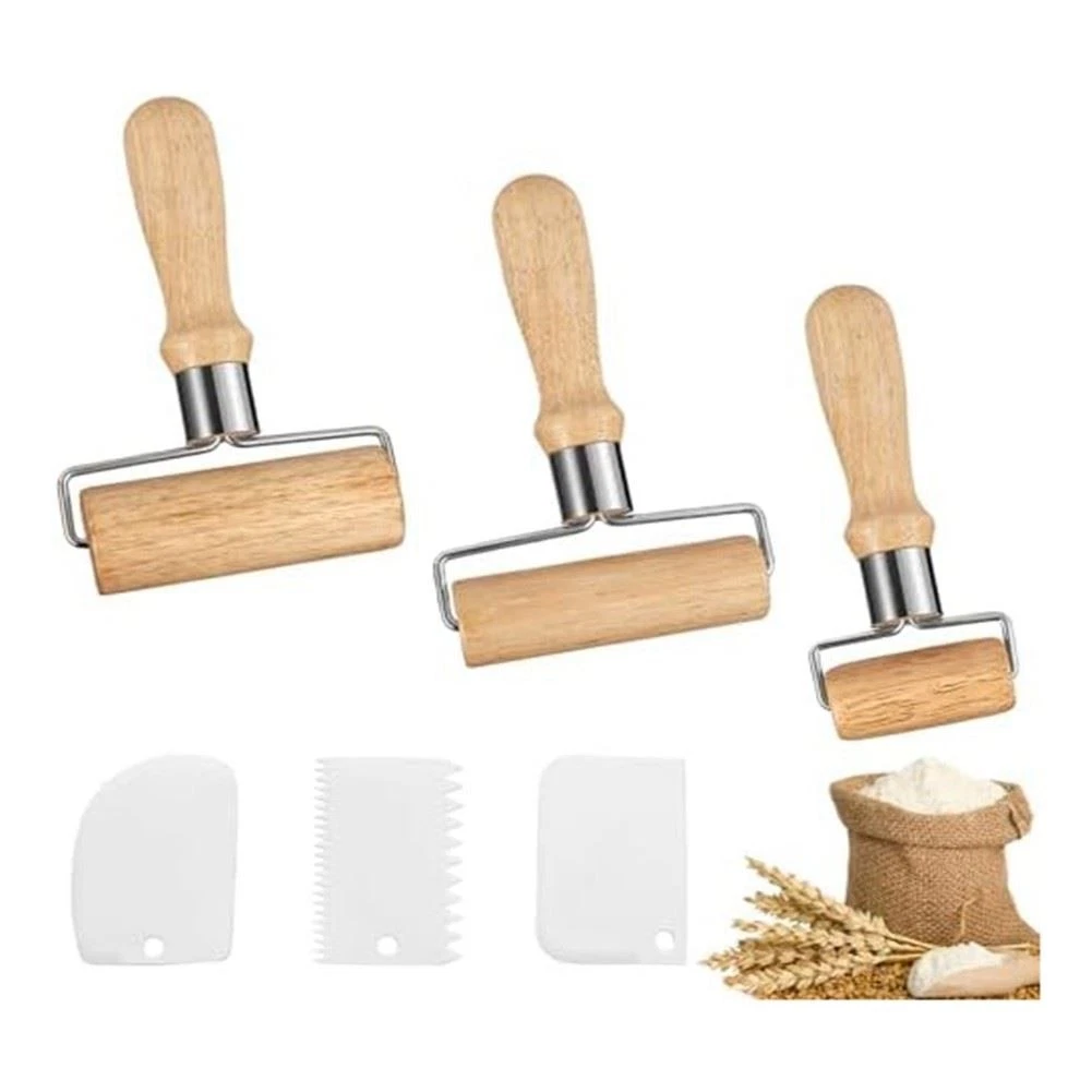 Pack of 3 Wooden Rolling Pin rolling pin with Plastic Dough Scrapers