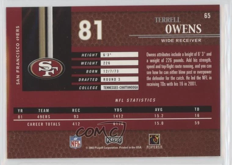 2002 Playoff Piece of the Game Terrell Owens #65 HOF - Image 2 of 2