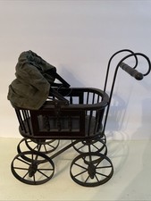 Antique Pram Baby Doll Carriage Wood Moleskine And Metal Sturdy Beautiful Toy