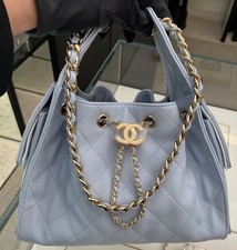 New 26K Chanel 25 Light Blue Caviar Leather Small Hobo Bag Handbag Gold CC 🩵