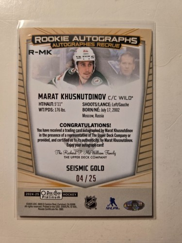 2024/25 O-Pee-Chee Platinum MARAT KHUSNUTDINOV "Seismic Gold" #4/25 Rookie Auto - Picture 2 of 2